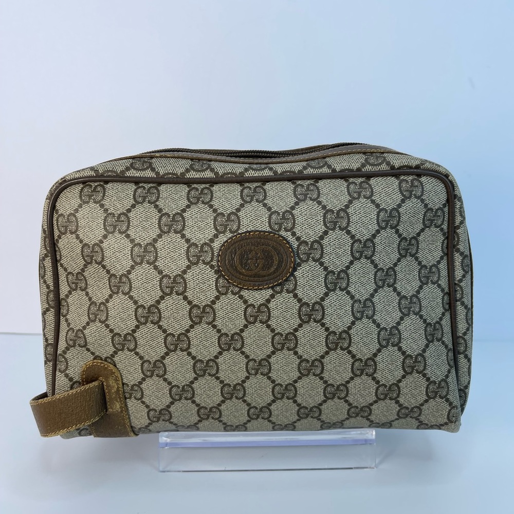 GUCCI Vintage GG Web PVC Canvas Leather Brown Clutch Toiletry Bag